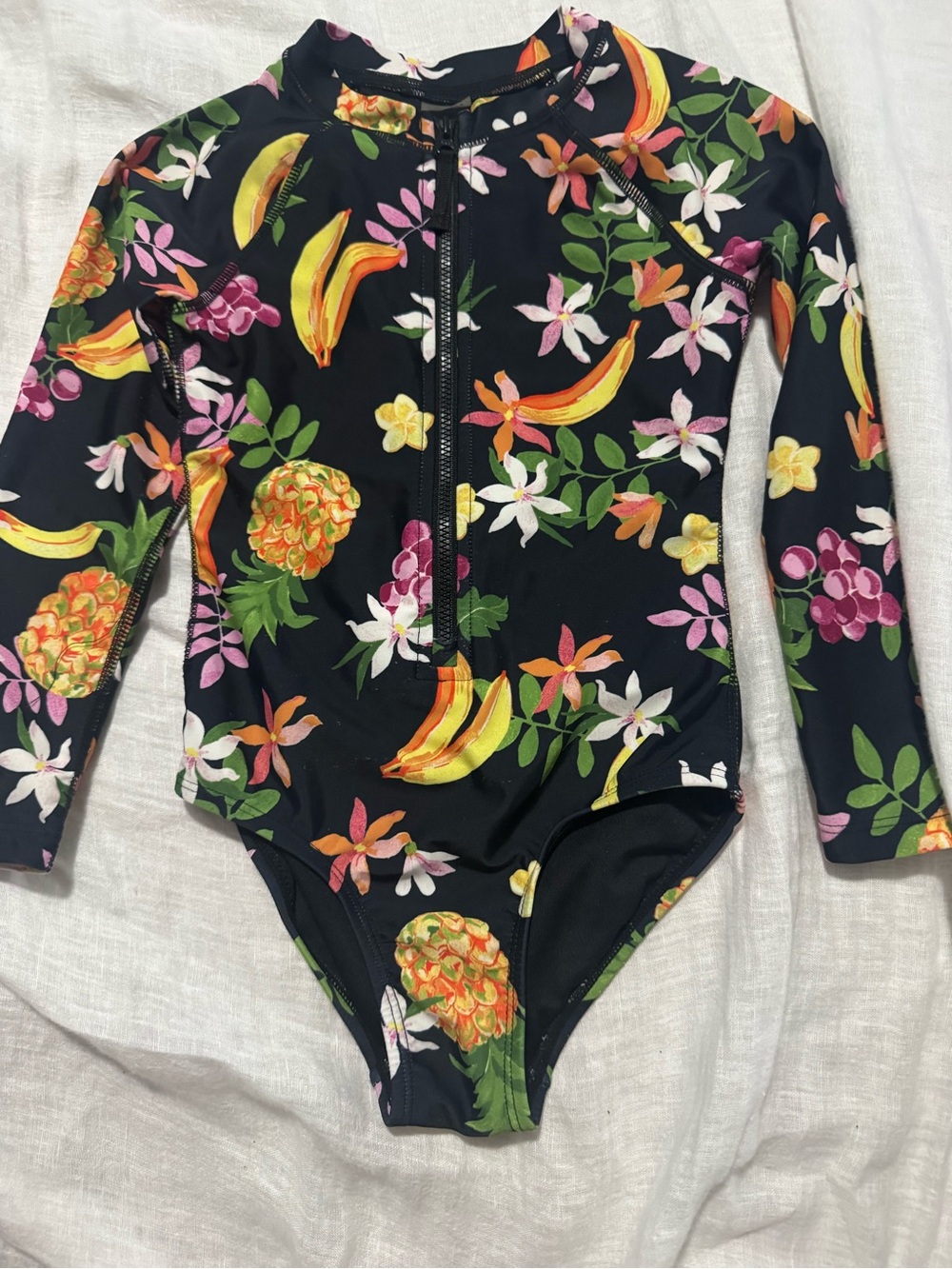 Old Navy Black Tropical Zip-Front One-Piece with Yellow and Pink Accents